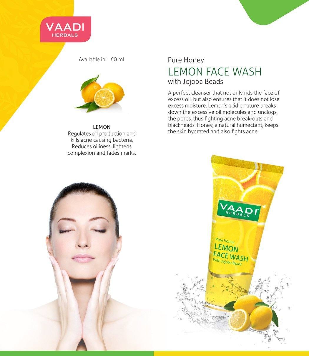 Skin Hydrating Organic Lemon Face Wash - Jojoba Beads - Removes Excess Oil (4 x 60 ml / 2.1 fl oz) base Vaadi Herbals International 