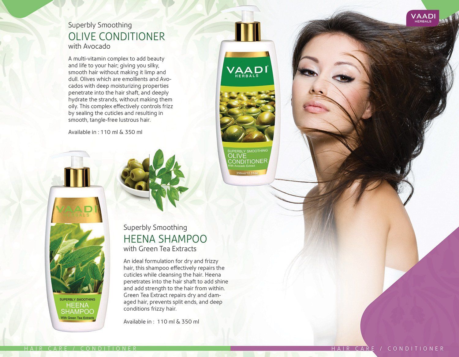 Superbly Smoothing Organic Heena Shampoo - Rich Olive Conditioner (2 x 350 ml/ 12 fl oz) base Vaadi Organics UAE 