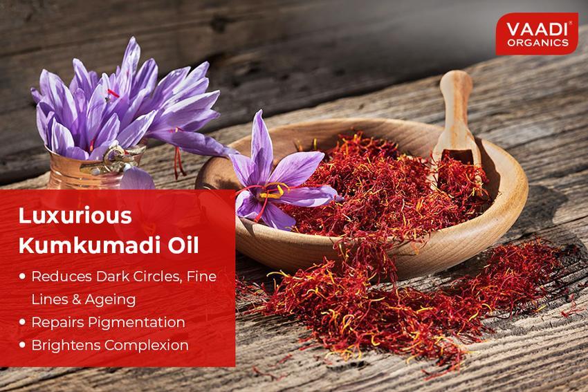 Organic Luxurious Kumkumadi Oil (Pure Mix of Saffron, Sandalwood, Manjistha & Almond Oil) - (10 ml/ 0.33 oz) base Vaadi Organics UAE 