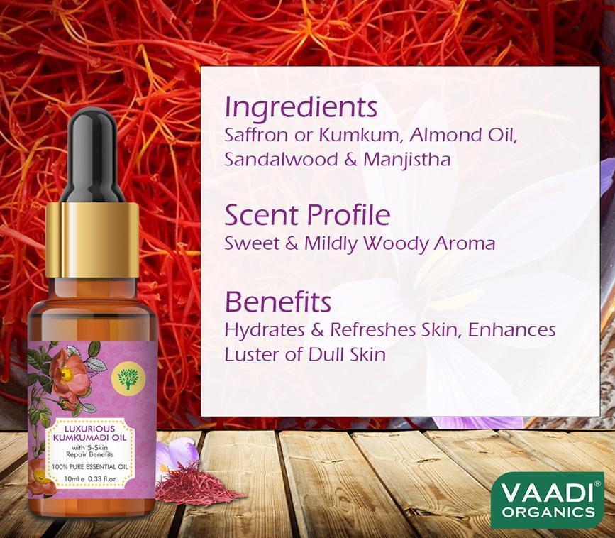 Organic Luxurious Kumkumadi Oil (Pure Mix of Saffron, Sandalwood, Manjistha & Almond Oil) - (10 ml/ 0.33 oz) base Vaadi Organics UAE 