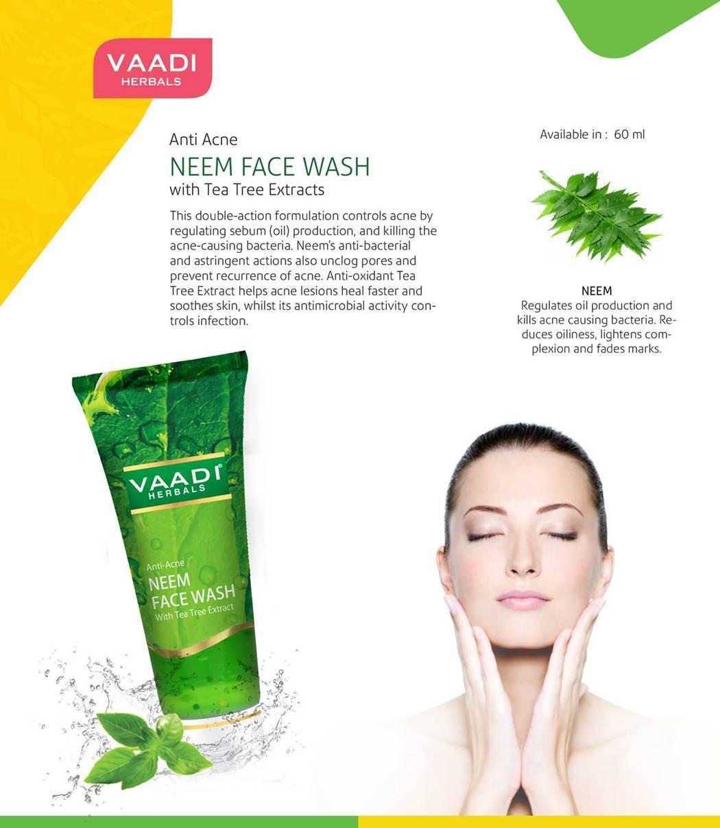 Anti Acne Anti Bacterial Organic Neem Face Wash with Tea Tree Extract - Controls Acne ( 4 x 60 ml/2.1 fl oz) base Vaadi Organics UAE 