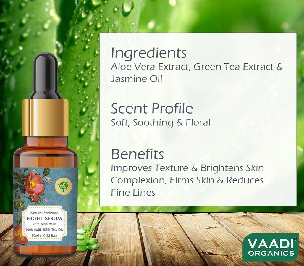 Organic Natural Radiance Night Serum with Aloe Vera - Reduces Dark Spots & patches, Repairs Damaged & Uneven Skin (10 ml/ 0.33 oz) base Vaadi Organics UAE 