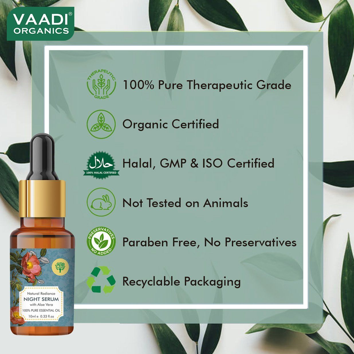 Organic Natural Radiance Night Serum with Aloe Vera - Reduces Dark Spots & patches, Repairs Damaged & Uneven Skin (10 ml/ 0.33 oz) base Vaadi Organics UAE 