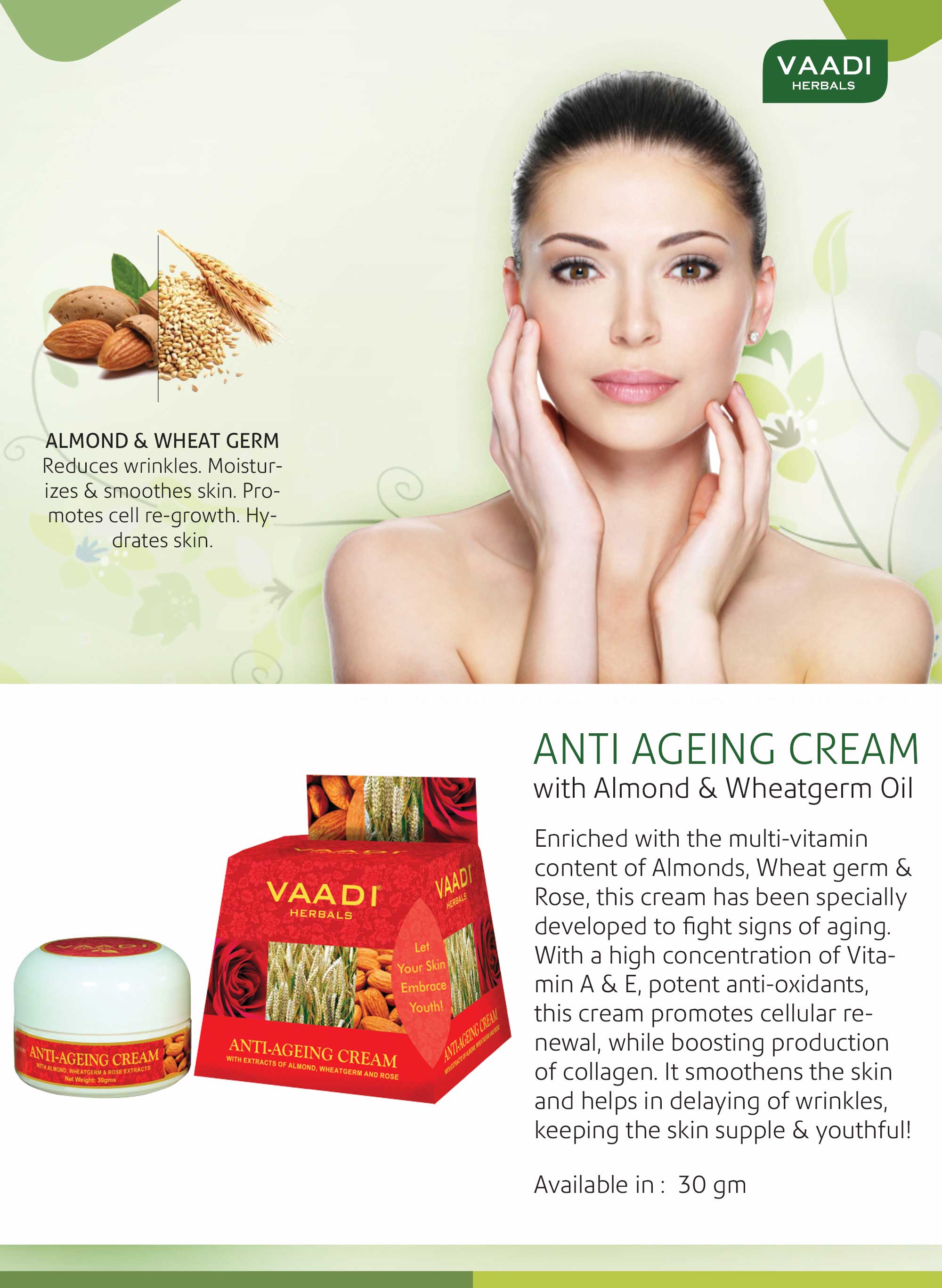 Organic Anti Ageing Cream with Almond, Wheatgerm - Boosts Collagen & Delays Wrinkles - Keeps Skin Soft & Youthful ( 30 gms / 1.1 oz) Vaadi Organics UAE 