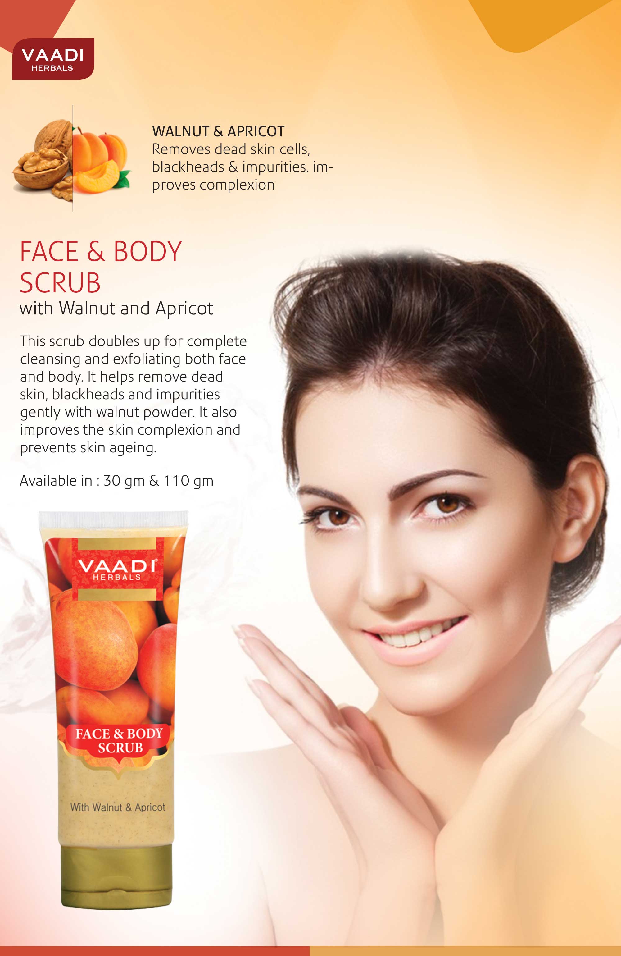 Organic Face & Body Scrub with Walnut & Apricot - Exfoliates & Unclogs Pores (110 gms / 4 oz) Vaadi Organics UAE 