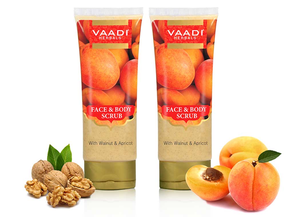 Organic Face & Body Scrub with Walnut & Apricot - Exfoliates & Unclogs Pores ( 2 x 110 gms / 4 oz) Vaadi Organics UAE 