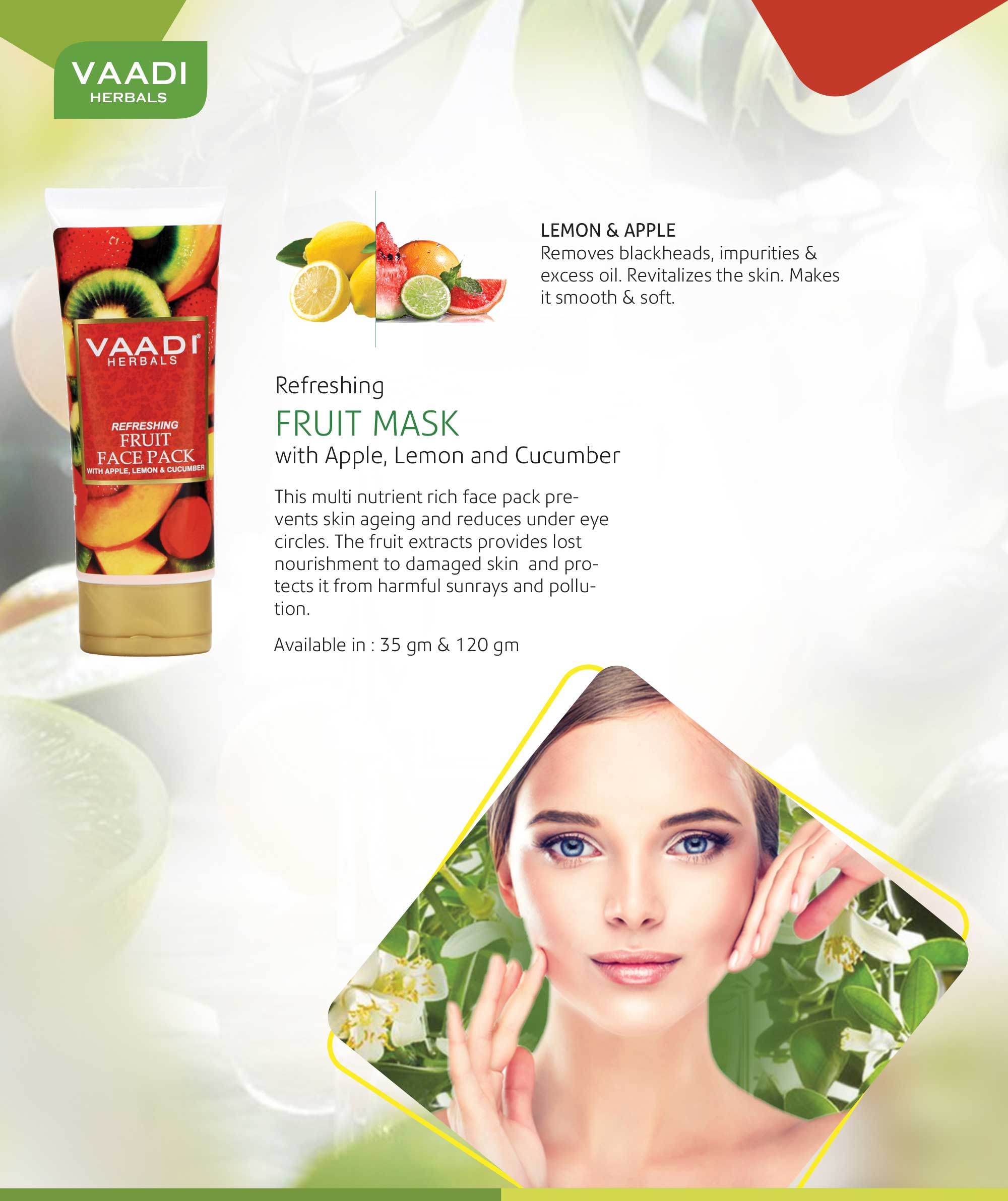 Refreshing Organic Fruit Face Pack with Apple, Lemon & Cucumber - Protects & Revitalizes Skin (120 gms/ 4.3 oz) Vaadi Organics UAE 