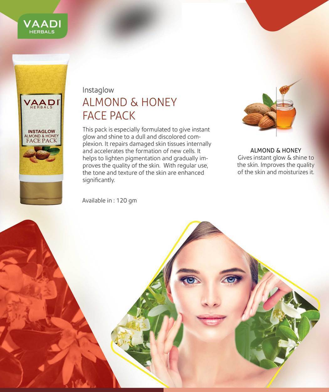 Organic InstaGlow Face Pack with Almond & Honey - Reduces Pigmentation - Gives Instant Glow (120 gms /4.3 oz) Vaadi Organics UAE 