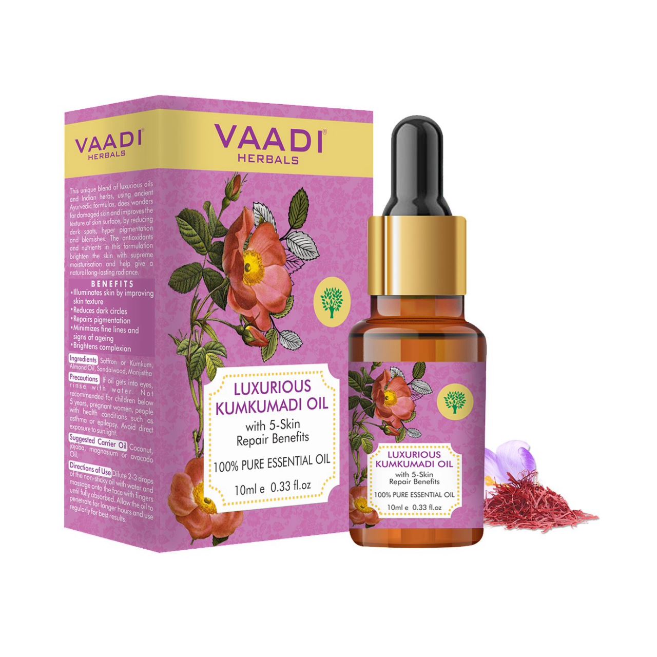 Organic Luxurious Kumkumadi Oil (Pure Mix of Saffron, Sandalwood, Manjistha & Almond Oil) - (10 ml/ 0.33 oz) base Vaadi Organics UAE 