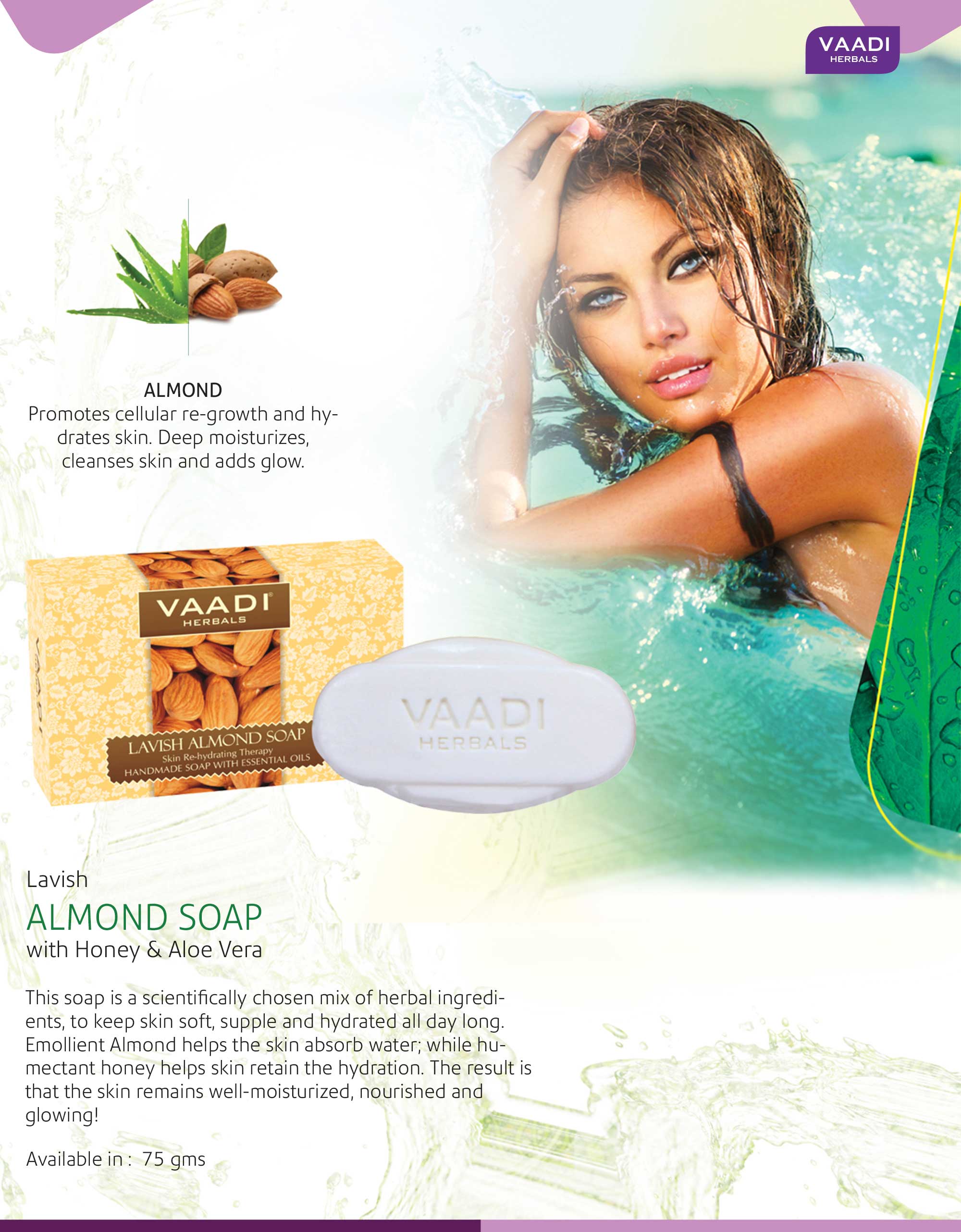 Rehydrating Organic Lavish Almond Soap with Honey & Aloe Vera Extract (6 x 75 gms/2.7 oz) base Vaadi Herbals International 