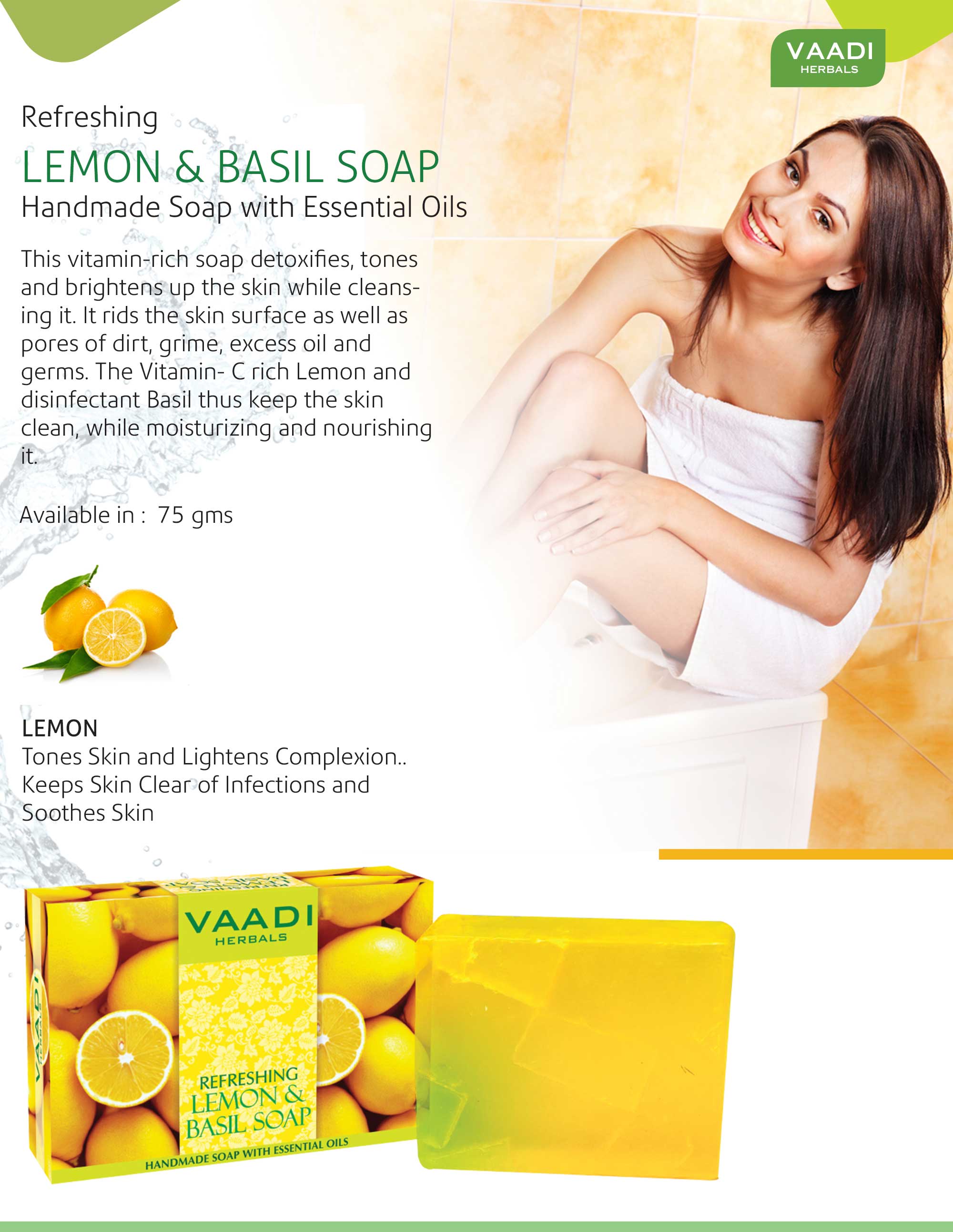 Refreshing Organic Lemon & Basil Soap - Tones & Brightens Skin (75 gms / 2.7 oz) base Vaadi Organics UAE 