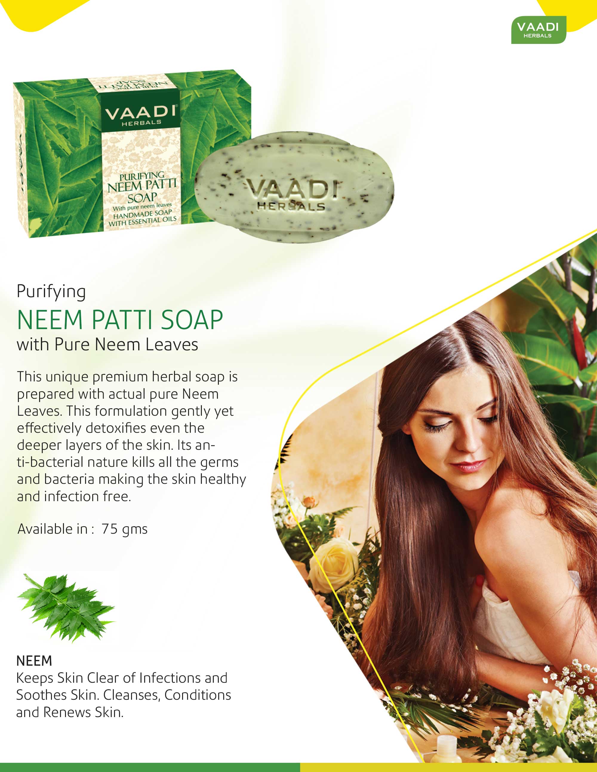 Organic Neem Soap with Pure Neem Leaves (Anti Bacterial) - Detoxifies Skin (3 x 75 gms / 2.7 oz) base Vaadi Organics UAE 