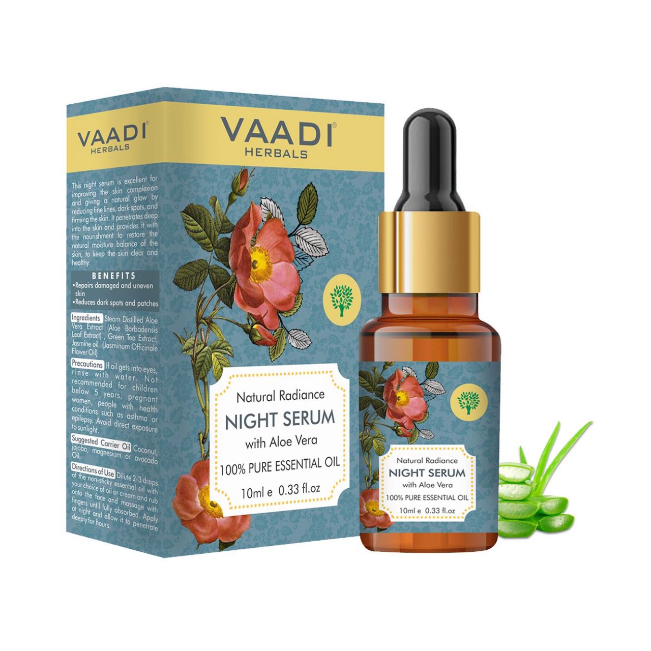 Organic Natural Radiance Night Serum with Aloe Vera - Reduces Dark Spots & patches, Repairs Damaged & Uneven Skin (10 ml/ 0.33 oz) base Vaadi Organics UAE 