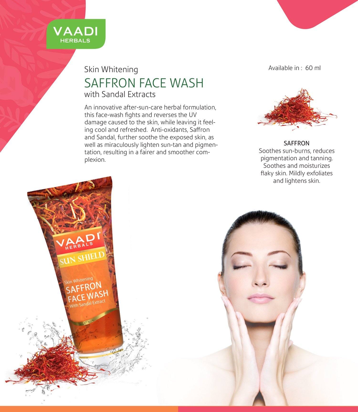 Skin Brightening Organic Saffron Face Wash with Sandalwood (60 ml/2.1 fl oz) base Vaadi Herbals International 