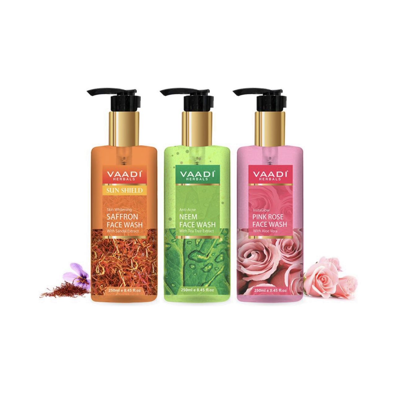 Pack of 3 Luxurious Face Wash - Skin Whitening Saffron, Anti-Acne Neem & Insta Glow Pink Rose Face Wash(3 x 250 ml / 8.45 fl oz) base Vaadi Organics UAE 