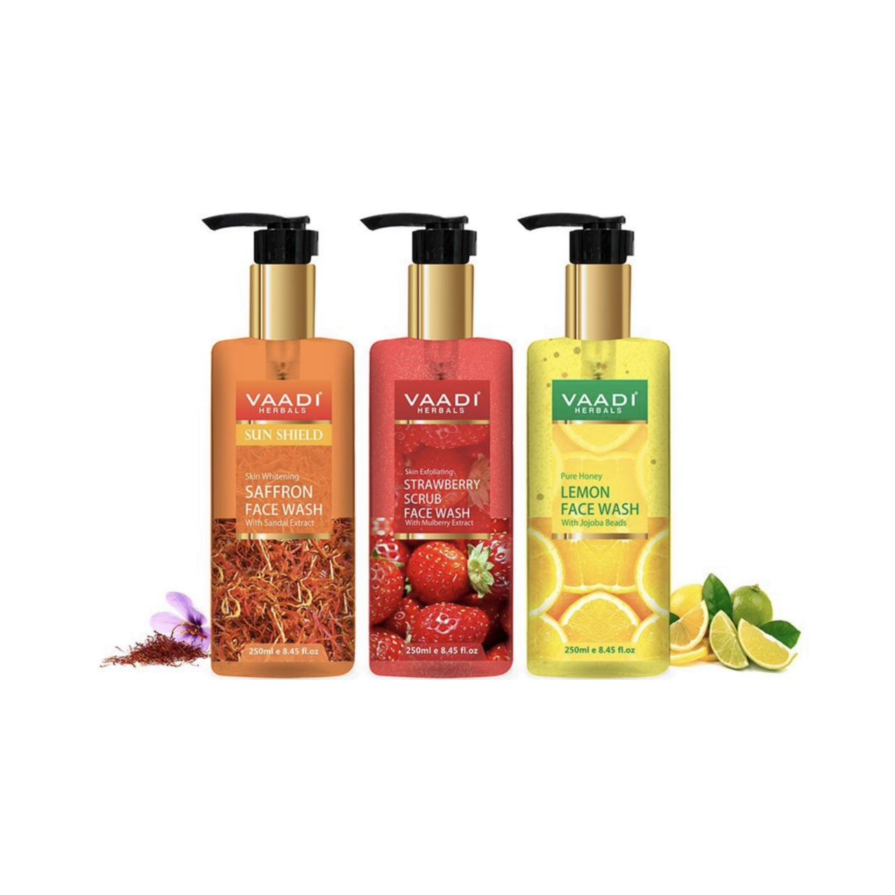 Pack of 3 Luxurious Face Wash - Skin Whitening Saffron, Strawberry Scrub & Pure Honey Lemon (3 x 250 ml / 8.45 fl oz) base Vaadi Organics UAE 